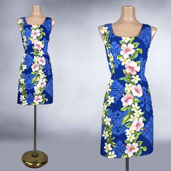 VTG 80s 80s 'MADE AT THE BEACH' HAWAIIAN BLUE WHITE FLORAL MINI SUMMER DRESS XS